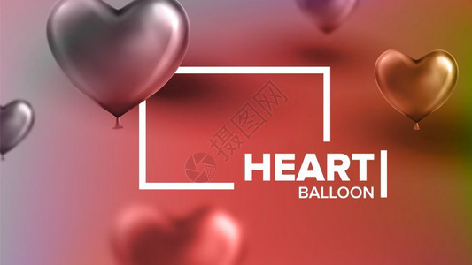 小爱气球素材现实的闪亮红色飞气球以心脏和水平框架的形式成并附有时尚明信片上的文字3d插图插画