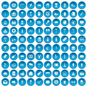 火腿图标10个啤酒派对图标以蓝色圆圈组在白色Vectr插图上隔离10个啤酒派对图标蓝色背景
