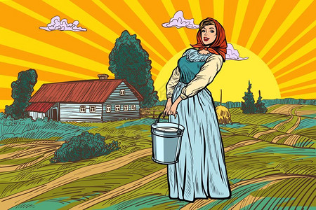 一桶水复古风提着一桶牛奶的农村妇女矢量插图插画