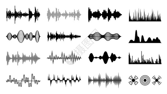 韦霍声音波设置黑色数字无线电音波设置声轨形状播放器脉冲振幅形成孤立矢量设置播放器脉冲形成孤立矢量设置设计图片