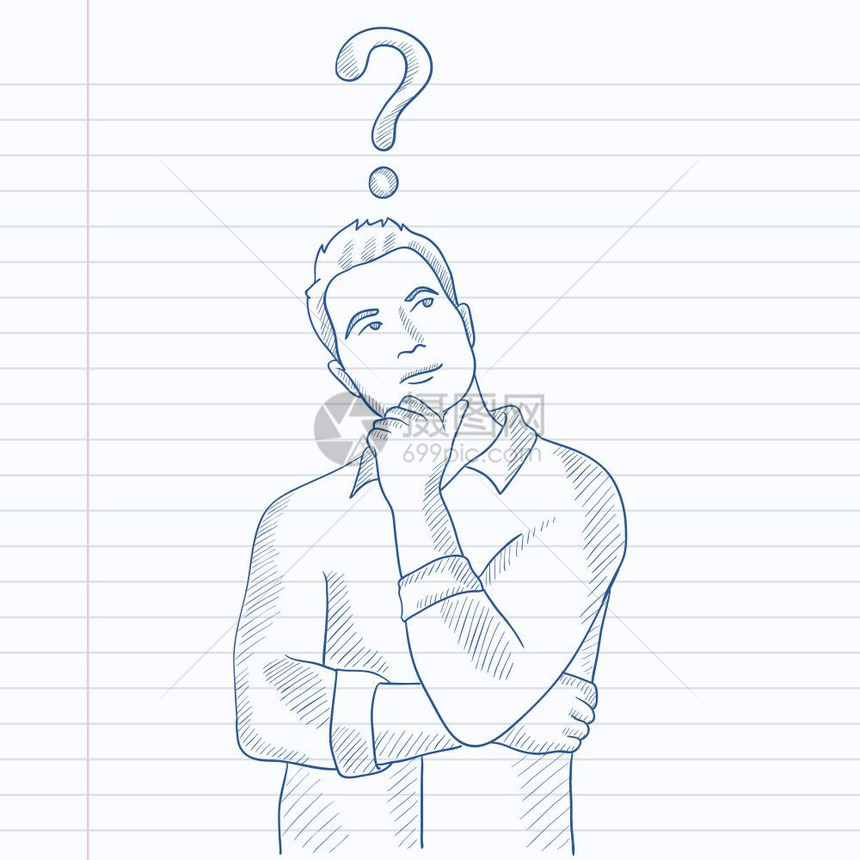 手绘素描风思考问题的男人矢量插画图片