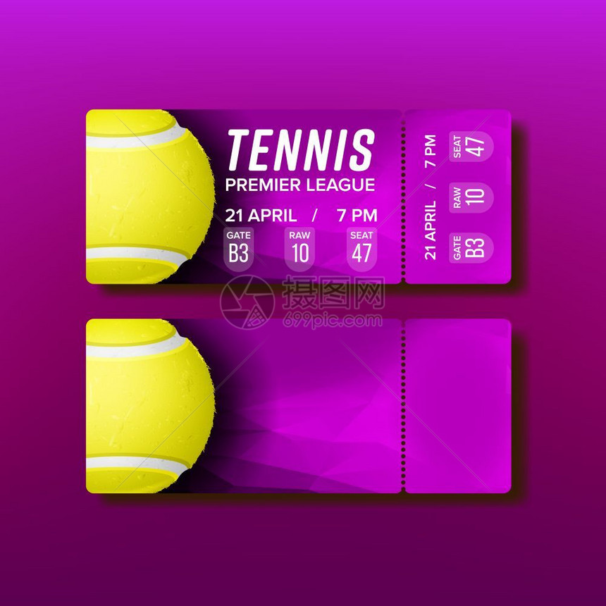 网球赛场紫色传单邀请并观看第一联盟比赛黄色球地点细节及座位3d插图彩票撕裂优惠券访问网球比赛矢量图片
