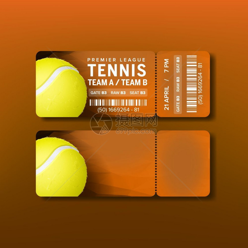 访问网球矢量首选赛票橙色传单带有撕裂优惠券使用场地信息条码和游戏来访问网球现实的3插图访问网球矢量首选赛票图片