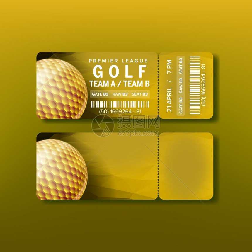 在高尔夫俱乐部有条码和场地细节的亮黄色传单邀请金球现代模板符合实的3d插图最佳联盟高尔夫锦标赛的票图片