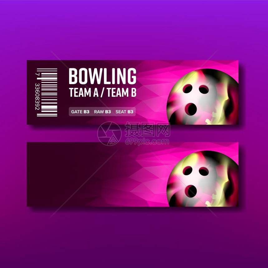 观看俱乐部保龄球比赛的礼品券证书邀请设计传单模板符合现实的3d插图保龄球游戏模板矢量的紫票图片