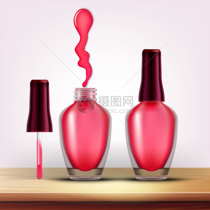 完全封闭和打开的玻璃容器装在木制桌子上装饰板模糊妇女时装甜品3d插图一瓶玫瑰指甲油女化妆品图片