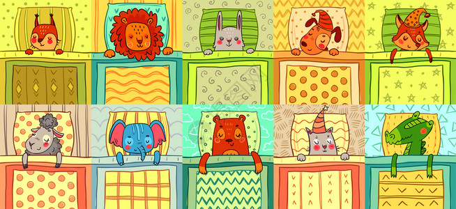 卡通可爱的动物睡在床上枕头上矢量插图图片