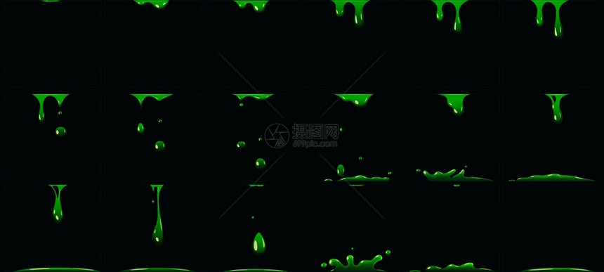 绿色粘液动画卡通有毒废物液体酸或滴液fx示踪剂原子核废物phlegm或危险化学喷洒以用于游戏矢量说明图片