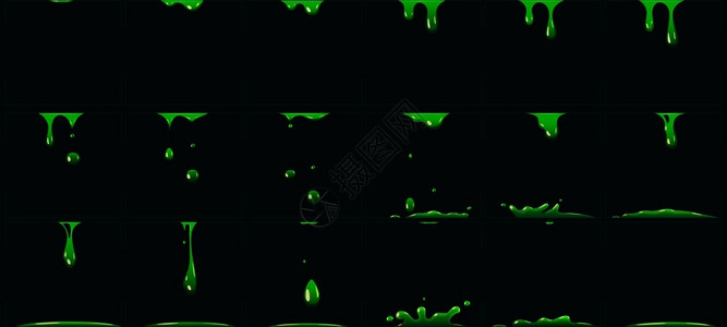 打吊滴绿色粘液动画卡通有毒废物液体酸或滴液fx示踪剂原子核废物phlegm或危险化学喷洒以用于游戏矢量说明插画