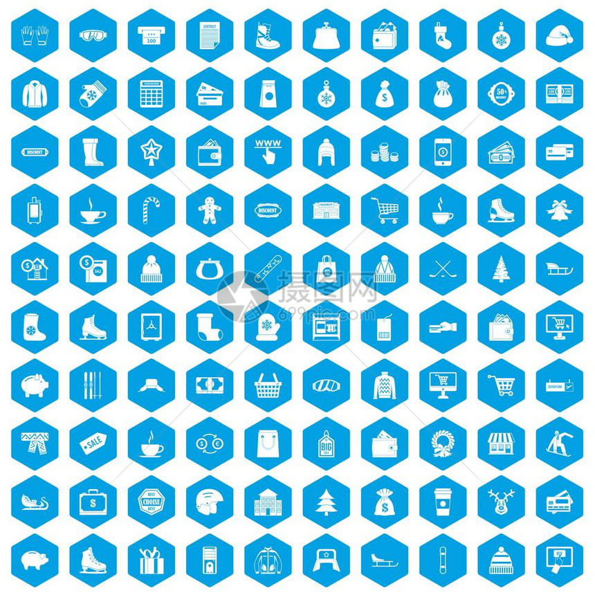 10个冬季购物图标以蓝色六边形孤立矢量说明式组10个冬季购物图标蓝色图片