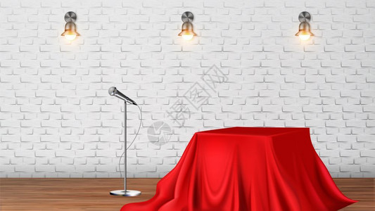 乐视TV音响乐会或tv显示矢量的演播室场景桌子上布满红色经典银麦克风砖墙元素的闪光孔供现场使用实的3d插图显示矢量的演播室场景插画