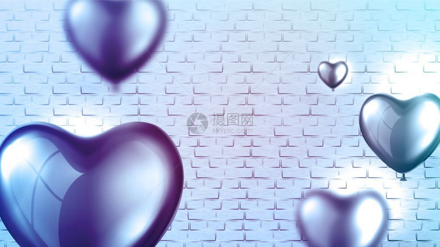 光亮的心气球海报模板矢量空气球foilet和砖墙在大情人节日贴现商店横幅上实的三维爱概念图解亮的心气球海报模板矢量图片
