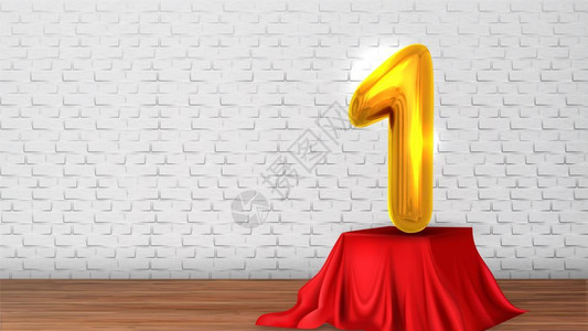 布墙为胜利庆典矢量设计音乐厅桌上第1号金色气球覆盖红桌布木制音乐会场和背景砖墙现实的3d插图为胜利庆典矢量设计音乐厅插画