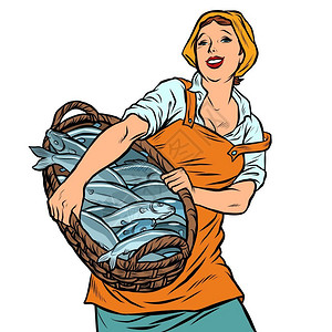烤银鳕鱼带鱼篮的女渔夫养殖和鳕鱼插画