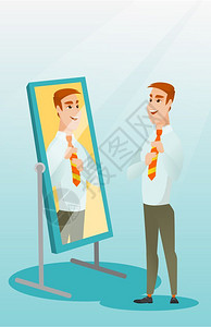 男装领带商人在镜子前调整领带插画