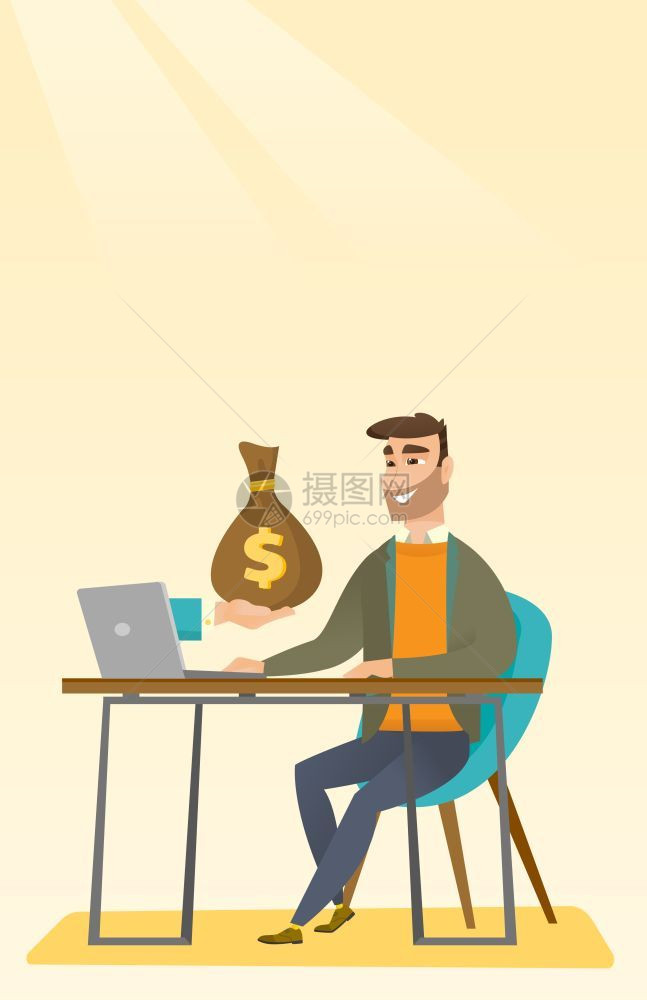 男商人使用电脑从网上挣钱卡通矢量插画图片
