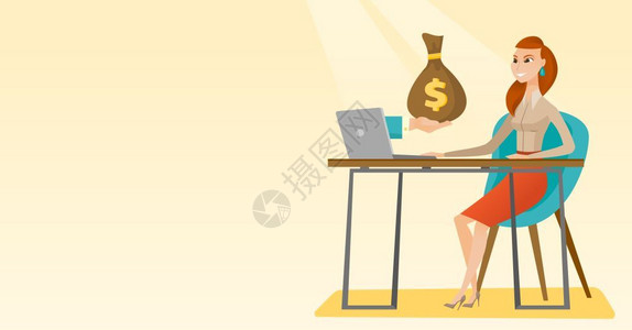 坐在钱上女人女商人使用电脑从网上挣钱卡通矢量插画插画