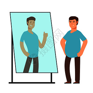 胖到瘦胖男士照镜子反射出变瘦的自己卡通矢量插画插画