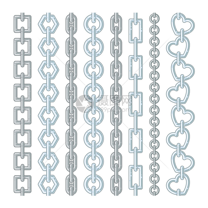 金属和银链在白色上隔离矢量链钢强烈的金属闪亮示意图矢量图片