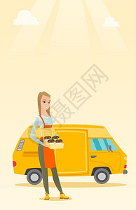 蛋糕盒面包师蛋糕箱背景的年轻商业女人送货卡车背景的年轻商业女人矢量板设计图垂直布局矢量图插画