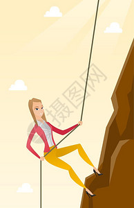 五女峰勇敢的年轻商业妇女利用绳子爬上山商业挑战的概念矢量平面设计图垂直布局商业妇女爬上山插画