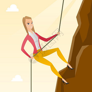 攀岩图勇敢的年轻商业妇女利用绳子爬上山商业挑战的概念矢量平面设计图广场布局商业妇女爬上山插画