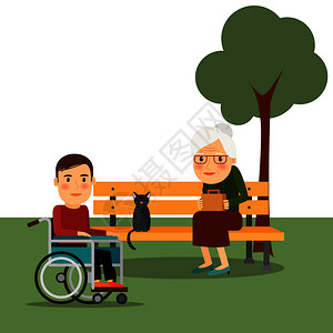 长凳上的祖母残疾人在轮椅上的公园矢量图公园里坐轮椅的残疾人插画