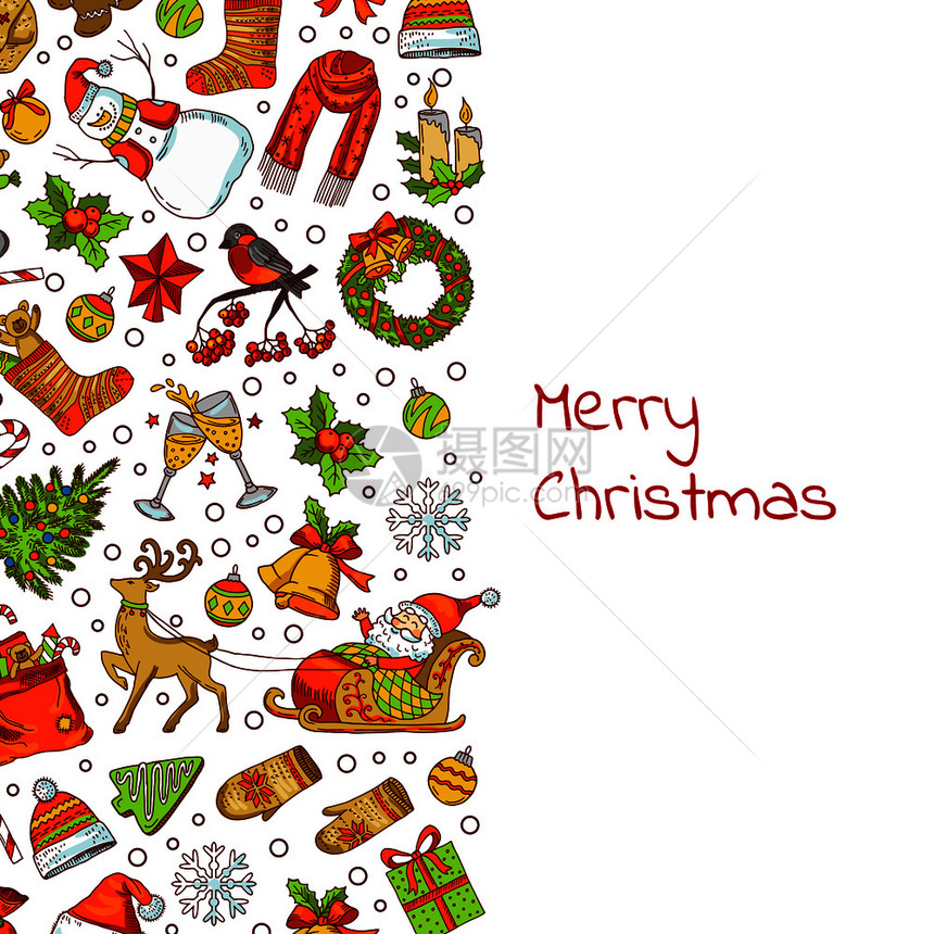 手画彩色的圣诞节元素配有antxms树礼品和铃声背景配有文本插图的位置Sant礼品和钟图片