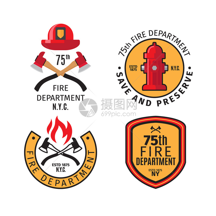 消防员徽章和局配有矢量交叉消防和员盔的徽章和图片