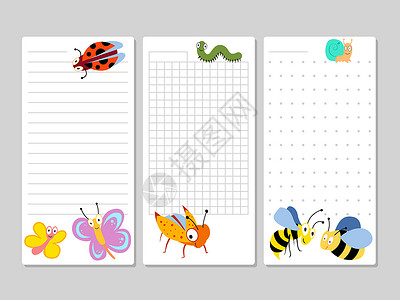 宝贝描述页儿童笔记页和制作卡通昆虫系列表的儿童页矢量图示儿童笔记页和卡通昆虫列表背景