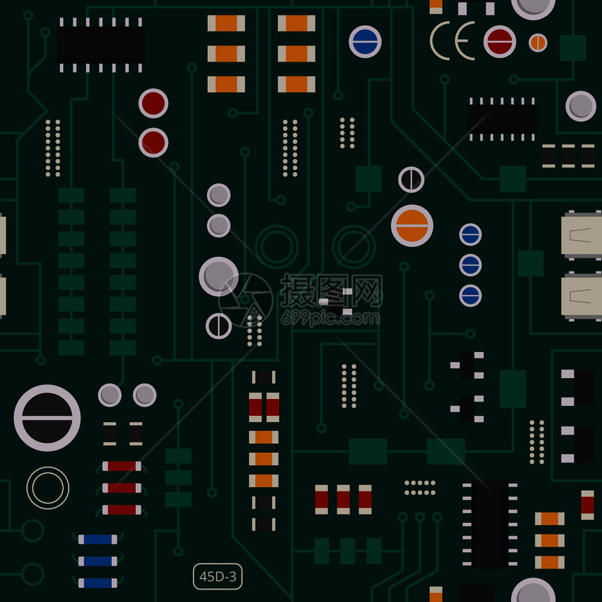 带二极管芯片和晶体管的无缝电子路模式矢量背景电子主机和部件说明带二极管芯片和晶体的无缝电子路模式图片