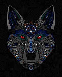 狼眼睛带有多彩装饰型样设计的狼头矢量说明带有装饰型样设计的狼头插画