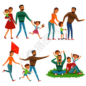 卡通风格快乐的家庭在公园中行走图片