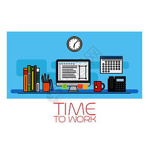 时间工作水平横幅包括挂钟和计算机的植被图示工作水平横幅图片