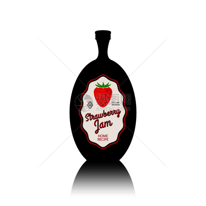 含有倒影和古老水果标签的黑瓶子圆周光板草莓果酱容器矢量说明草莓果酱黑瓶子标签图片