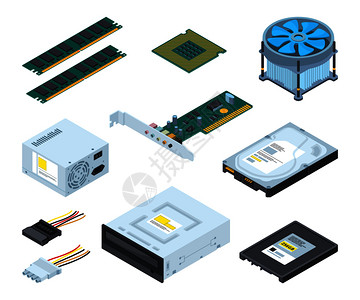 硬盘配件个人计算机的不同硬件零部矢量等图集内存和hd设备图示插画