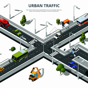 城市十字路口交通用不同汽车的矢量图图片