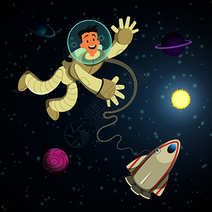在外太空的宇航员和火箭卡通矢量插画图片