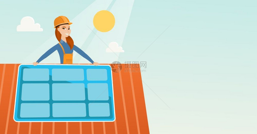 在屋顶上安装太阳能电池板的女工人图片