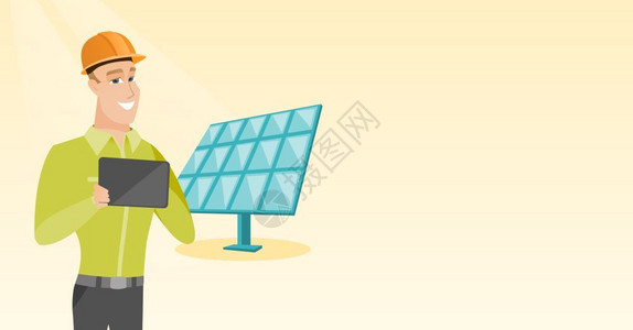 工程师卡通调整安装太阳能发电板的年轻工程师设计图片
