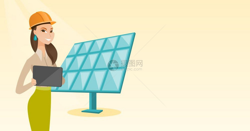 调整安装太阳能发电板的年轻女工程师图片