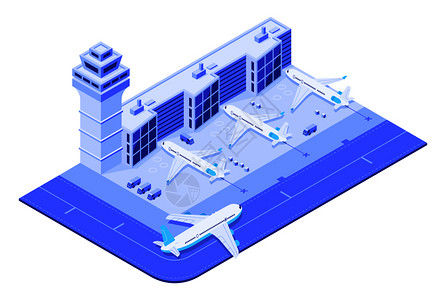 跑道喷气机飞行旅和交通控制塔国际机场飞行检查或机李安全门3d矢量示意图等度机场终端飞行旅和交通控制塔3d矢量示意图背景图片