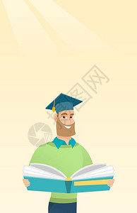 戴着学士帽手持一本大书微笑着的男青年卡通矢量插画图片