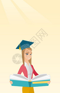 戴着学士帽手持一本大书微笑着的女青年卡通矢量插画图片