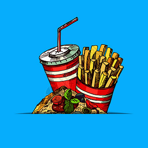 快消食品在圆形插图下收集的彩色快食品元素与普通背景隔离插画