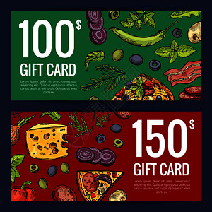 双拼披萨优惠券病媒比萨餐厅或商店礼卡贴现模板插画