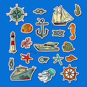 纳亚德图示船舶和灯塔矢量彩色草图海元素贴纸插画