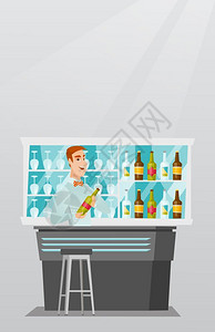 成人柜台酒吧柜台拿着一瓶酒的酒保插画