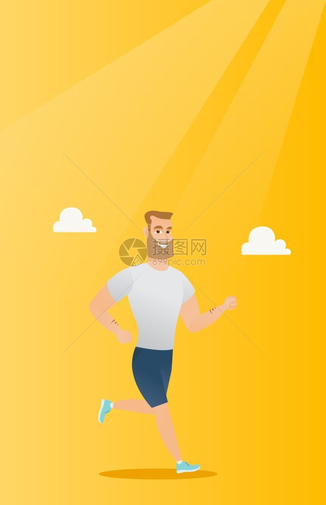 年轻的天主教运动员跑步长胡子的时装运动员满身微笑的运动员跑步服员跑步矢量平面设计图垂直布局年轻人跑动矢量插图图片