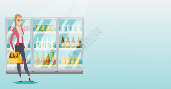 饮料冰柜在超市购买酒水饮料的年轻女子插画